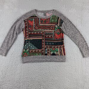 New Directions Weekend Womens Medium Patchwork Rhinestone Mixed Media Top Grey